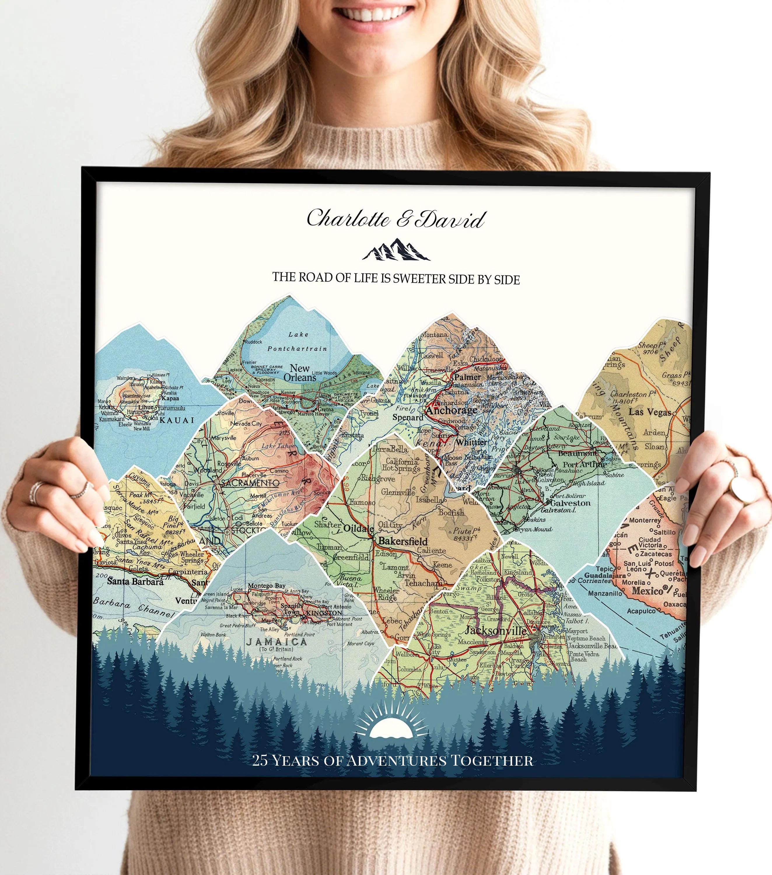 25th Anniversary Gift for Husband, Personalized Travel Map, Silver 