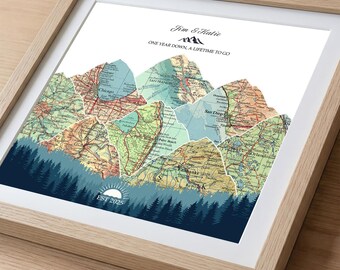 1st Wedding Anniversary Gift, Personalized Couples Travel Map, Paper Anniversary Keepsake