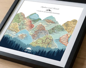 7th Wedding Anniversary Gifts, Personalized Couples Travel Map, Custom Map Wall Art