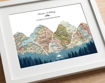 21st Wedding Anniversary Gift, Personalized Couples Travel Map, Custom Keepsake