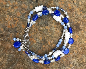 Ocean Waves Bracelet --Lapis, Freshwater Pearl, Genuine Puka Shell, Cat's Eye, and Sterling SiIver--Blue and White