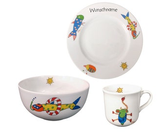 Children's breakfast service 3-tlg. Porcelain Crazy Animals Yellow Fish Plate Mug Shell Customizable with Wish Name Name