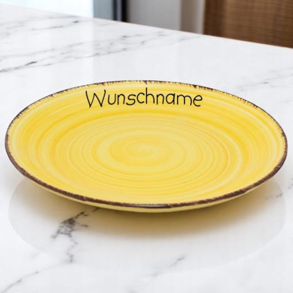 Speiseteller Teller flach 27cm Keramik Bunt Gelb personalisierbar mit Wunschname Name Geschirr mit Namen personalisiert