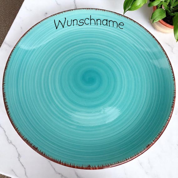 Speiseteller Teller flach 27cm Keramik Bunt Türkis personalisierbar mit Wunschname Name Geschirr mit Namen personalisiert