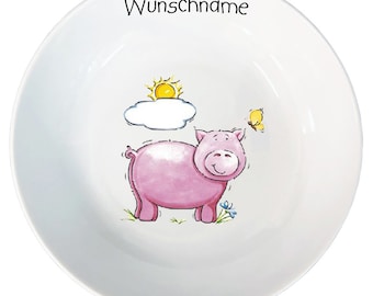 Müslischale Kinder Breischale Schale Porzellan Schwein personalisierbar mit Wunschname Name Kindergeschirr mit Namen personalisiert