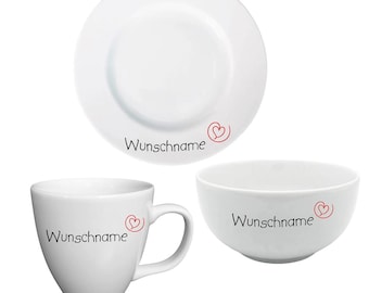 Personalisiertes Geschirr mit Wunschname & Herz | Tasse, Müslischale, Teller | Geschenk Liebe Valentinstag Hochzeit Jahrestag