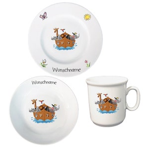 Children's tableware breakfast service 3 pieces. Porcelain Noah's Ark plate mug bowl customizable with desired name name
