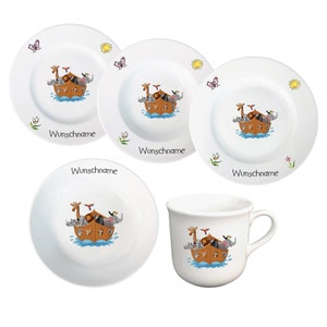 Children's tableware children's service 5 pieces. Porcelain Noah's Ark plate mug bowl customizable with desired name name
