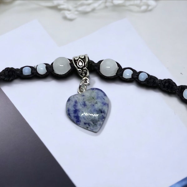 Heart shaped hemp necklace for her,heart shaped crystal pendant hemp choker,Sodalite heart necklace,beaded black hemp choker