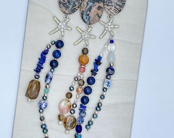 Enamel Starfish Gemstone Bag Charm, Boho Nautical Tassel Keychain, Freshwater Pearls