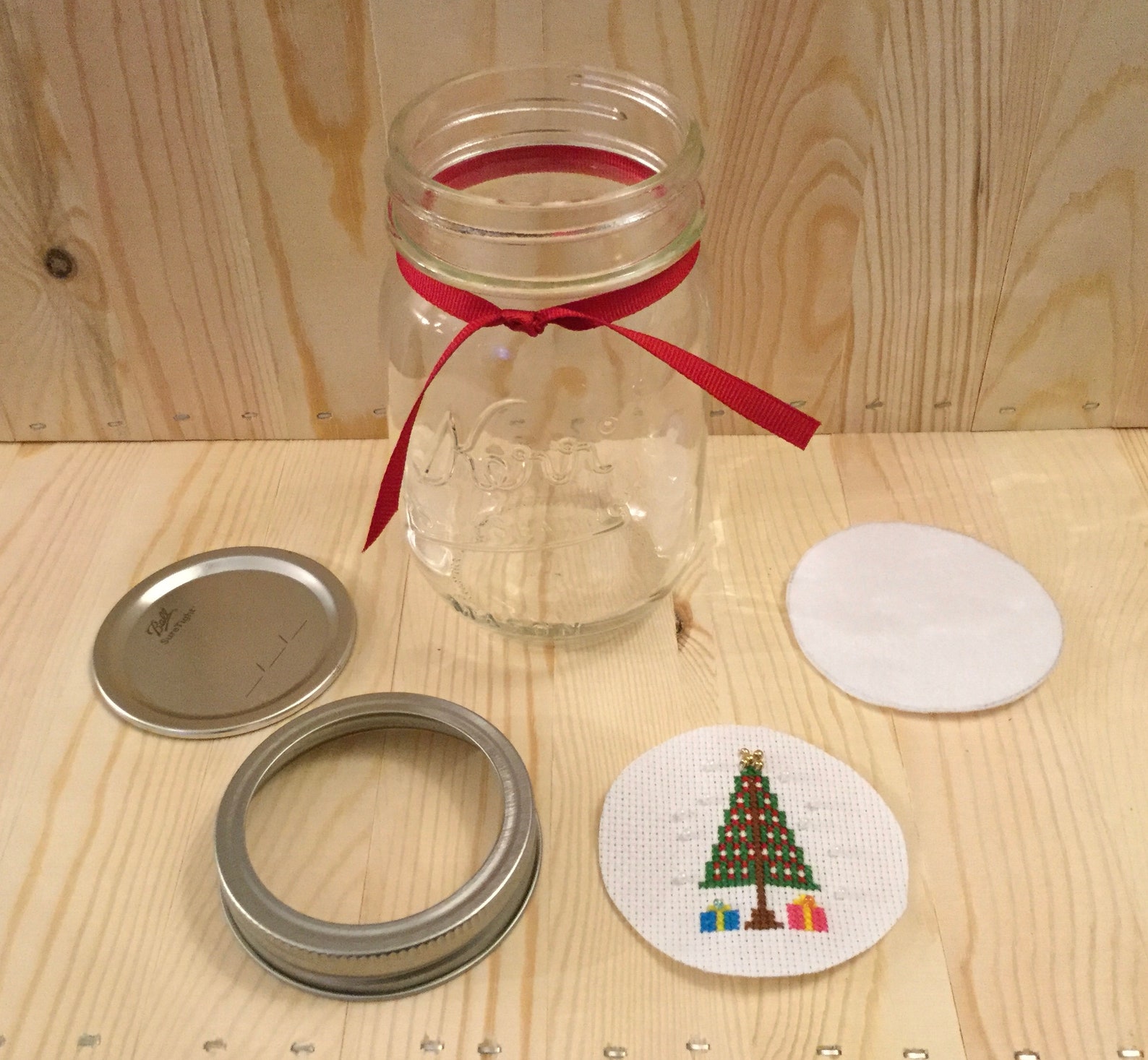 Crossstitch lid with mason jar Holiday Tree with Gifts Etsy