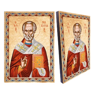 Sint Nicolaas Icoon Grieks Orthodox | A4 Houten Kunst | Religieuze Muurdecoratie | Christelijk Geschenk | Oosterse Kerkdecoratie