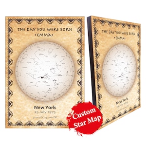 Carte des étoiles personnalisée par date, carte du ciel nocturne de la constellation, cadeau personnalisé de carte des étoiles, art mural en bois de style vintage antique