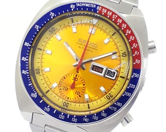 Seiko Automatic 6139-6002 Pogue Pepsi Bezel Chronograph,Yellow Dial Vintage Japan Watch