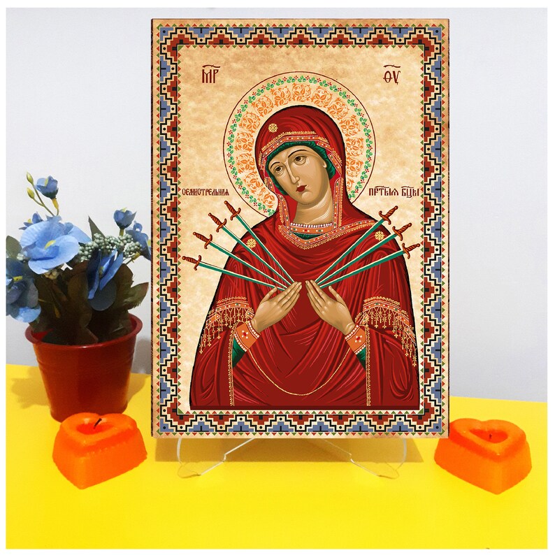 Mother of God Virgin Mary Seven Swords Russian orthodox icon, Seven Arrows Christian orthodox icon