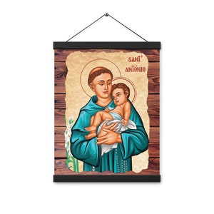 Saint Anthony of Padua Icon Poster with Wooden Hangers (12x16 inches)