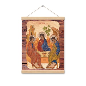 May include: A religious icon depicting the Holy Trinity, three figures with halos, seated on a throne with a chalice in the center. The icon is painted in a traditional style with vibrant colors and gold accents. The background is a wooden panel with a weathered look.