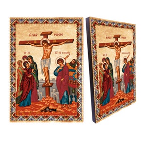 Orthodox Icon of the Crucifixion,Blessing Cross religious greek icon,canvas on wood wall hanging,size: 8.3&quot; x 11.7&quot;
