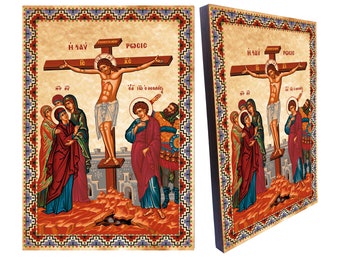 Orthodox Icon of the Crucifixion, Blessing Cross religious greek icon, canvas on wood wall hanging, size: 8.3" x 11.7"