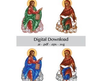 May include: Digital download of four religious icons. Two icons depict a man in a red and green robe with a book in his hand, sitting on a cloud. The other two icons depict a woman in a red and blue robe, sitting on a cloud with a scroll in her hand.