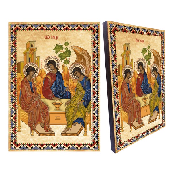 L'icône Sainte Trinité de Andrei Rublev - Trois anges de l'hospitalité de Abraham - Icône orthodoxe russe - Taille: 8.3 "x 11.7"