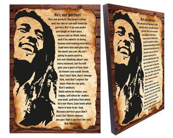 He's Not Perfect Love Poem Quote by Bob Marley, Bob Marley Positive Quotes Canvas on wood wall art for gift, Size: 8.3" x 11.7"