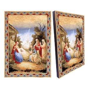 Birth of christ icon,Three Gifts From Three Kings,Christian collectible art icon canvas on wood,size 8.3&#39;&#39; x 11.7&#39;&#39;