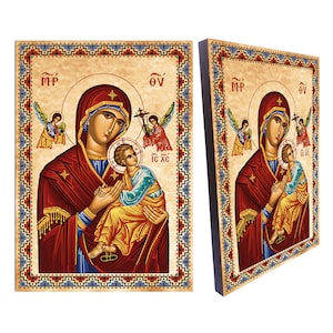 Our Lady of Perpetual Help Wood Icon: Byzantine Orthodox Art (8.3&#39;&#39; x 11.7&#39;&#39;)