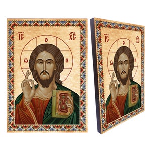 Jesus Christ pantocrator icon,Russian Orthodox Icon,Canvas on wood,Byzantine Religious wood icon,size 8.3&#39;&#39; x 11.7&#39;&#39;