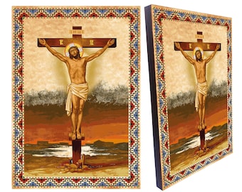 Crucifixion Jesus Christ Holy Cross Canvas on wood, old paper effect, Blessing Cross,  wall hanging religious icon, size 8.3'' x 11.7''