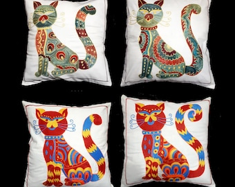 Cushion Cover Silk Embroidered Cat Design Hand Made suzani style, set of x4 - 18''x18''