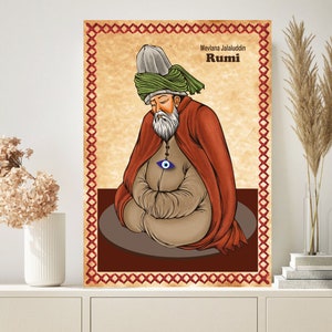 Immagine di Rumi su tela su legno, vecchia immagine con texture di carta Mevlana Jelaluddin Rumi tema del terzo occhio, dimensioni 8,3''x 11,7''
