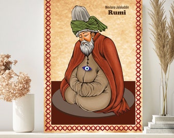 Rumi image canvas on wood, old paper texture image mevlana Jelaluddin Rumi third eye theme, Size 8.3''x 11.7''