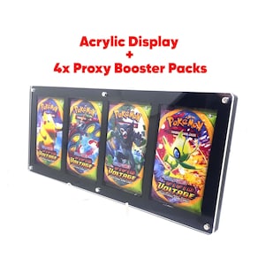 May include: Black acrylic display case holding four Pokémon Vivid Voltage booster packs. The packs feature colourful illustrations of Pokémon characters. Text on the display reads "Acrylic Display + 4x Proxy Booster Packs."