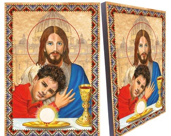 Carlo Acutis & Jesus Icon: Catholic Saint Pine Wood Wall Art
