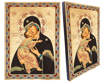 Mother of God Vladimir Icon, Russian Orthodox Art, Wood Plaque (8.3''x 11.7'')