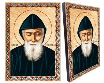 Saint Charbel religious icon, Mar Charbel Makhlouf religious wood icon, Size 8.3''x 11.7''