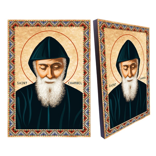 Saint Charbel religious icon, Mar Charbel Makhlouf religious wood icon, Size 8.3''x 11.7''