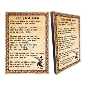La poesia della Guest House di Rumi, vecchia immagine su tela con texture di carta su legno, poesia di Jelaluddin Rumi come regalo per l'arredamento della casa, dimensioni 8,3'' x 11,7''