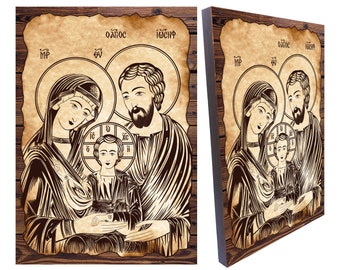 Holy family Orthodox İcon illustration,the Blessed Virgin and Saint Joseph look with care and adoration on the Divine Child,canvas on wood
