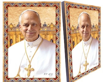 Pope Leo XIV Icon: Catholic Wooden Wall Art with Stand - A4 Size