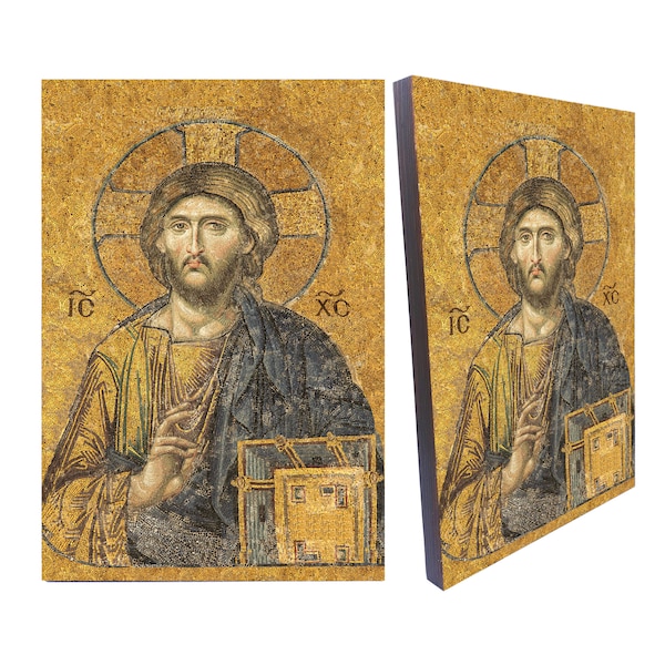 Lord Christ Pantocrator mosaic Icon From Hagia Sophia Church, Canvas on wood, Byzantine mosaic icon wall hanging,Jesus Christ wood Icon