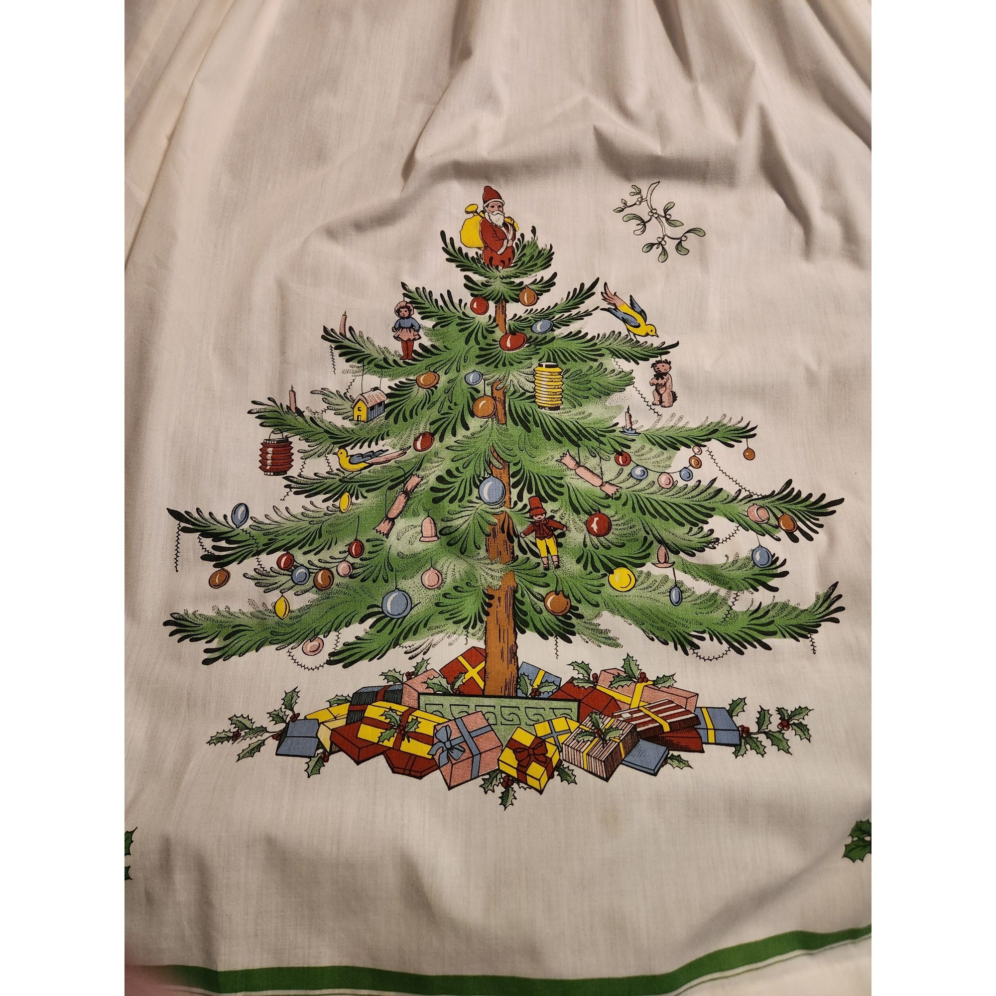 Vintage Grandma's SPODE Christmas Tree Full Length Cloth Kitchen Bib, Apron, RUFFLE SHOULDER