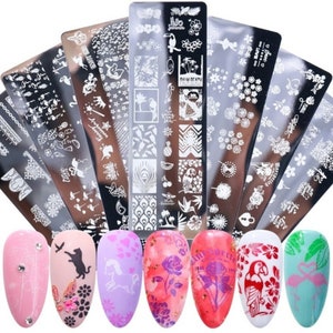 Nail art stamping plates + silicon stamper tool - nail pattern butterfly uncorn flowers template design gift set - reusable stencils DIY