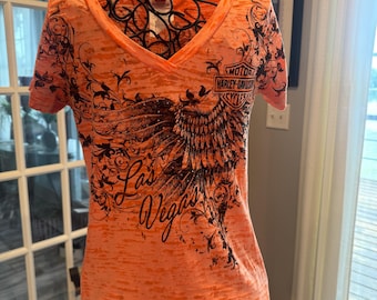 Highly Popular Harley Davidson Woman’s Orange/Black T Shirt!  Las Vegas!
