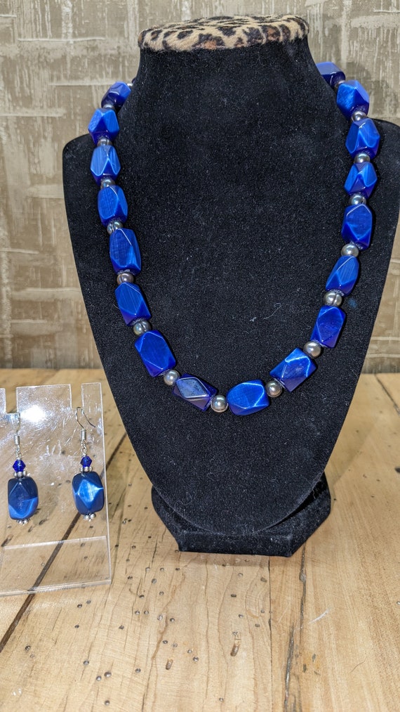 Vintage Czech Cobalt Blue Satin Glass Necklace an… - image 6