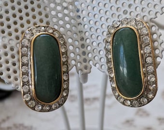 Butler Gold Tone Green and Rhinestone  Clip-on Earrings