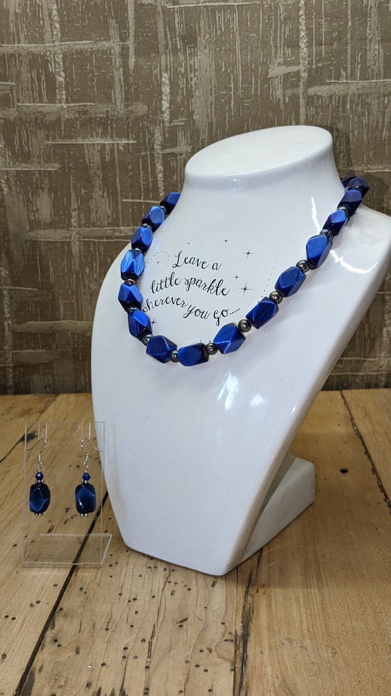 Vintage Czech Cobalt Blue Satin Glass Necklace an… - image 2