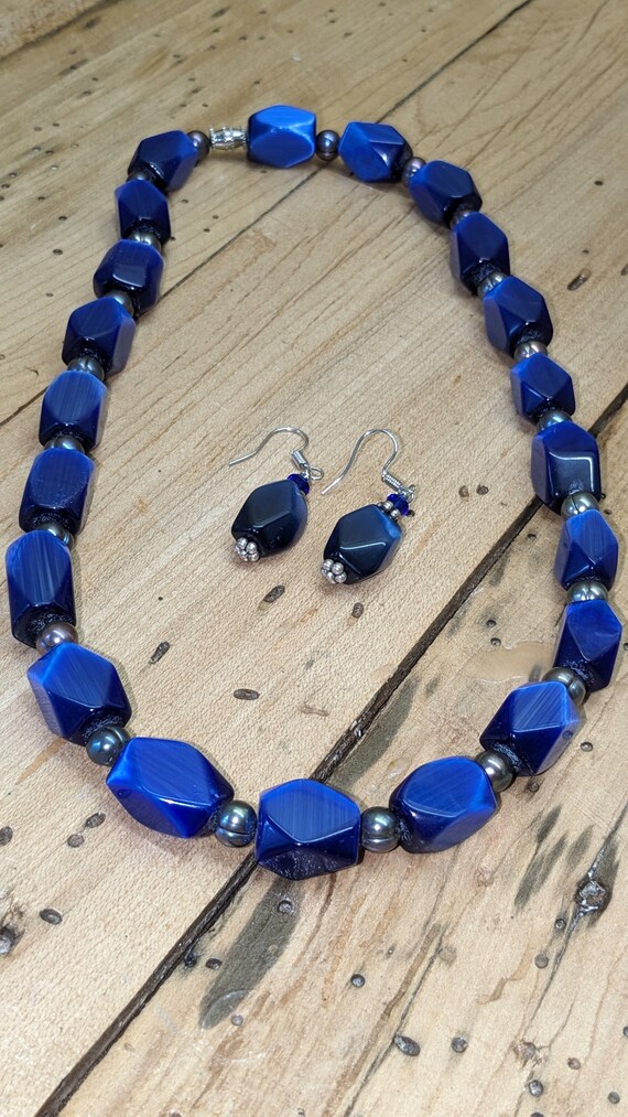 Vintage Czech Cobalt Blue Satin Glass Necklace an… - image 7