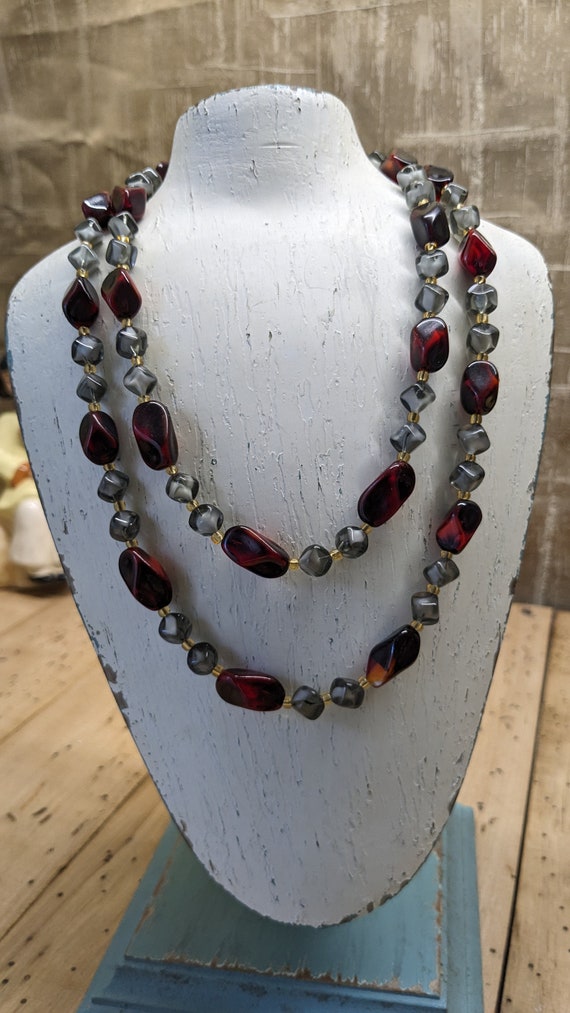 Mid Century Molded Red and Gray Glass Bead Neckla… - image 1